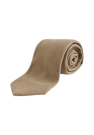 Beige Wolle Krawatte, aufgerollt mit einer glatten Textur und einem spitz zulaufenden Ende. Einheitliche Farbe, keine Muster oder Verzierungen sichtbar.