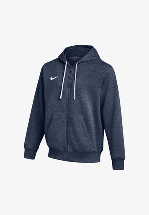 Marineblauwe hoodie met ritssluiting, witte trekkoorden, voorzakken, geribbelde boorden en zoom, en een wit Nike Swoosh-logo op de linkerborst.