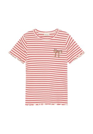 T-shirt à manches courtes rayé rouge et blanc, avec un ourlet festonné et un motif de nœud brodé sur la poitrine gauche.