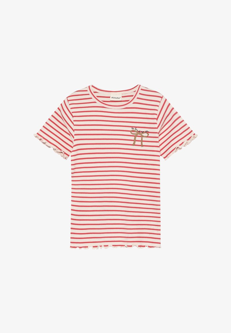 Koszulka w paski z krótkim rękawem w kolorach czerwonym i białym, z falowanym dołem i haftowanym wzorem kokardki na lewej piersi.