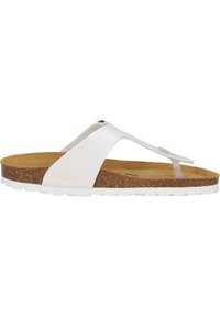 Weiße Flip-Flop-Sandale mit Korkfußbett und Gummisohle. Sie verfügt über einen breiten Riemen mit weicher Oberfläche und minimalistischer Design. "Palado"-Logo sichtbar.