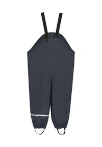 Mørkegrå vanntette overaller med justerbare svarte seler, elastiske mansjetter og en reflekterende hvit stripe nær kanten.