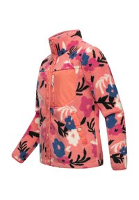 Fleece jacket in pink with floral pattern featuring blue, purple, and white flowers. Includes a coral zippered pocket and snap-button details.