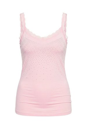 Světlý růžový tílkový top s krajkovými ramínky a malými kamínky uspořádanými v gradientovém vzoru na přední straně.