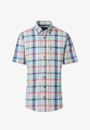 Chemise à manches courtes boutonnée avec un motif à carreaux bleu, orange, vert et blanc et un col boutonné.