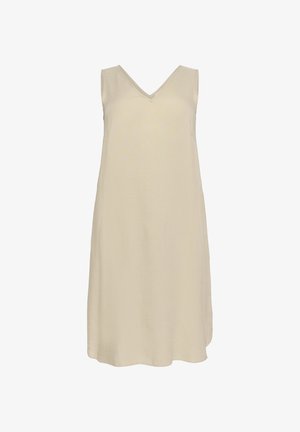 Rochie bej fără mâneci, cu decolteu în V, croi lejer și textură moale. Baza este ușor curbată, sporind o apariție aerisită.