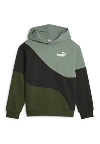 Groene en zwarte hoodie met een kleurblokontwerp, zachte textuur, kangoeroezak en PUMA-logo in het wit op de borst.