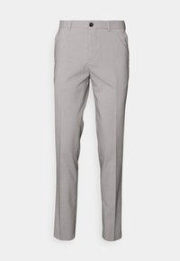 Pantaloni grigi chiari con design a gamba dritta, realizzati in tessuto liscio, con chiusura a un bottone e passanti per cintura.