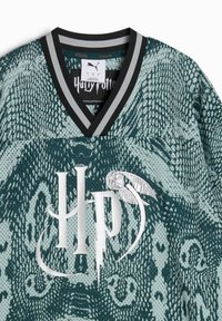 Zaļa un melna acs džerseja ar čūskas rakstu, V veida kakla izgriezumu ar pelēkiem svītrām un "HP" logo ar spalvas dizainu.