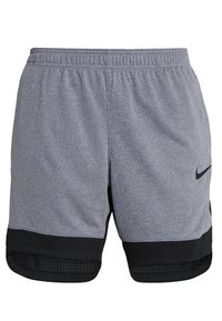 Šedé sportovní šortky s texturovanou tkaninou, černými síťkovými doplňky na lemu a elastickým pasem. Na boku je malý černý logotyp.