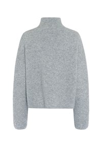 Grau geschnittenes Sweatshirt mit hohem Kragen, texturiertem Stoff und langen Ärmeln, die mit kleinen Perlenakzenten an den Manschetten versehen sind.
