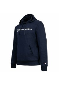 Hoodie in Marineblau aus Baumwollmischung, mit einer vorderen Tasche, verstellbarem Kapuzenzug und weißem "Champion"-Logo auf der Brust.