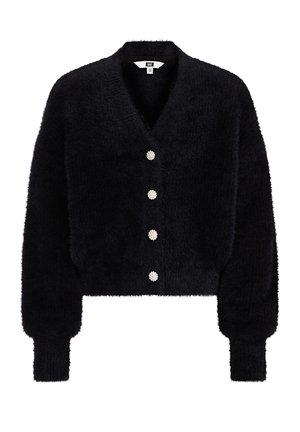 Czarny puszysty kardigan z długimi rękawami, dekoltem w serek, prążkowanymi mankietami oraz czterema dekoracyjnymi guzikami przypominającymi perły z przodu.