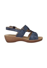 Sandalo in pelle blu con tacco a cuneo, cinturini incrociati, apertura per le dita e suola texturizzata. Cinturino alla caviglia regolabile per una vestibilità sicura. Altezza del tacco moderata.