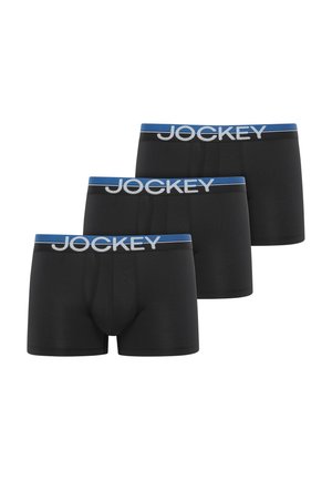 Drei schwarze Jockey-Boxershorts mit blauen und schwarzen Bundstreifen, versehen mit weißem "Jockey"-Logo, nebeneinander dargestellt.