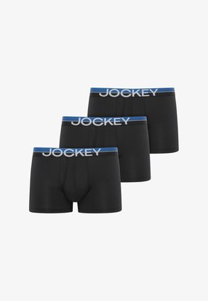 Drei schwarze Jockey-Boxershorts mit blauen und schwarzen Bundstreifen, versehen mit weißem "Jockey"-Logo, nebeneinander dargestellt.