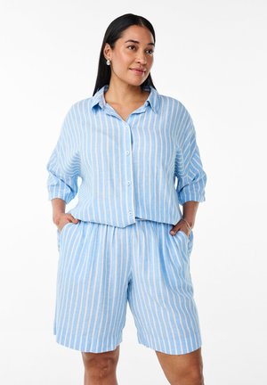 Light blue striped shirt and shorts set made of a soft material, featuring a button-up front, relaxed fit, and pockets in the shorts.