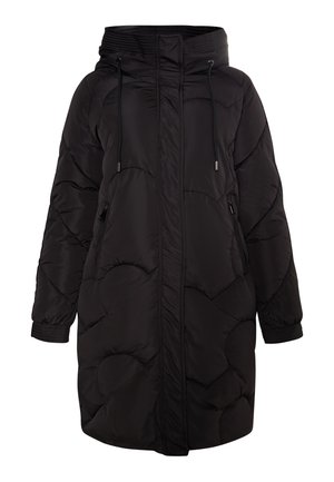 Pardoseală neagră cu glugă, având un design matlasat, mâneci lungi și buzunare laterale. Material moale, lucios, cu manșete elastice.