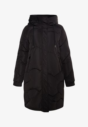 Pardoseală neagră cu glugă, având un design matlasat, mâneci lungi și buzunare laterale. Material moale, lucios, cu manșete elastice.