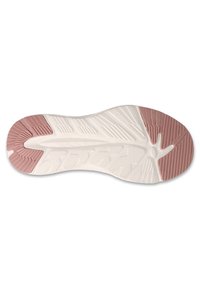 Podeszwa buta w białym i jasnoróżowym gumie, z textured wzorami dla lepszej przyczepności, z dobrze zdefiniowanym obcasem oraz gładkimi zaokrąglonymi krawędziami dla elastyczności.