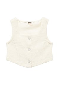 Biały krótki top wykonany z teksturowanej tkaniny, z kwadratowym dekoltem, guzikami z przodu ozdobionymi perełkowymi akcentami oraz bez rękawów.