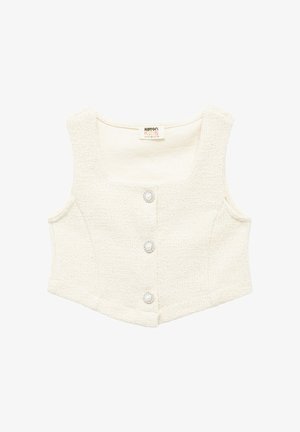 Hvid cropped vest lavet af tekstureret stof med firkantet udskæring, forreste knapper prydet med perle-lignende detaljer og ærmeløs design.