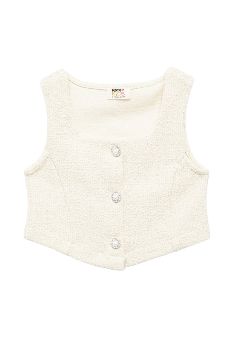 Biały krótki top wykonany z teksturowanej tkaniny, z kwadratowym dekoltem, guzikami z przodu ozdobionymi perełkowymi akcentami oraz bez rękawów.