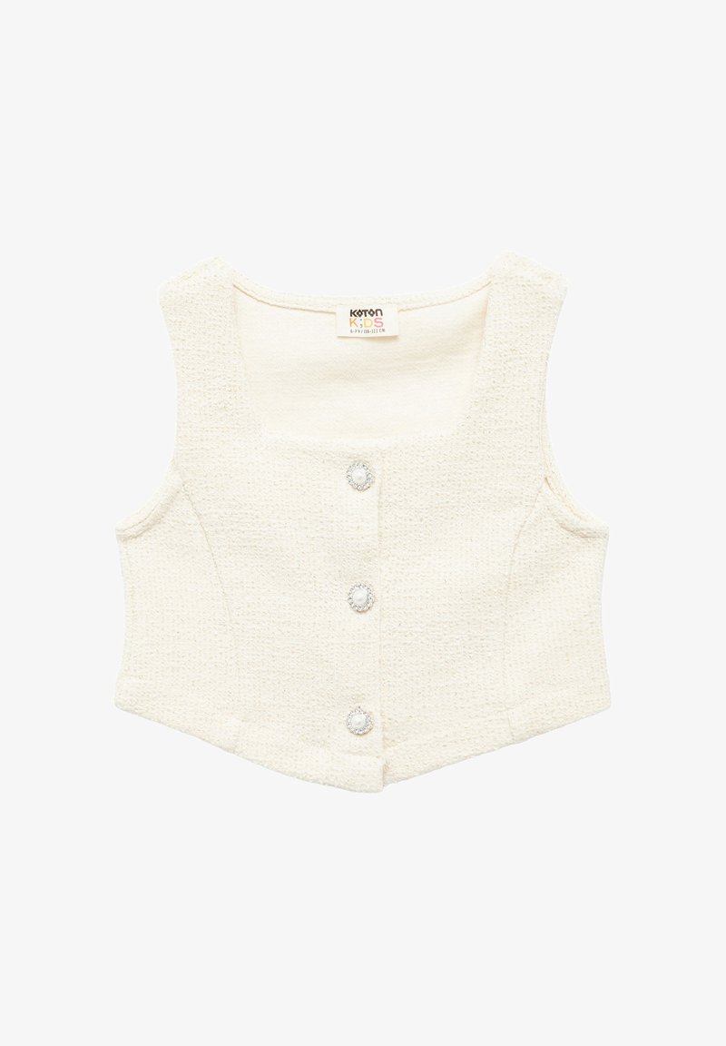 Biały krótki top wykonany z teksturowanej tkaniny, z kwadratowym dekoltem, guzikami z przodu ozdobionymi perełkowymi akcentami oraz bez rękawów.