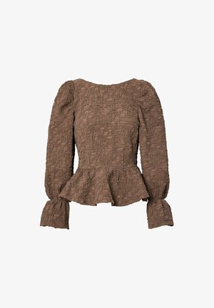 Top peplum marrone in tessuto texture, con maniche lunghe a palloncino e scollatura quadrata. Presenta dettagli arricciati su tutta la superficie.
