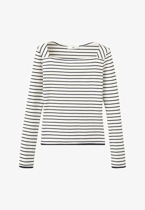 Biela dlhá blúzka s čiernymi vodorovnými pruhmi a širokým štvorcovým výstrihom, zobrazená na jednoduchom bielom pozadí.