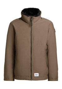 Brązowa ocieplana kurtka z wysokim kołnierzem, dwoma bocznymi kieszeniami na zamek oraz miękką czarną futrzaną podszewką przy kołnierzu. Widoczna metka marki.