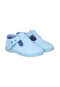 Zapatos de tela azul claro con punta redonda, tira de velcro y forro a cuadros. Suela plana con textura suave.