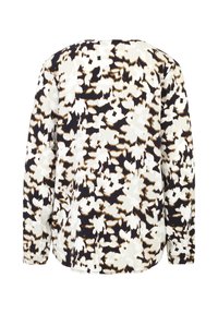 Langärmlige Bluse mit einem abstrakten Muster in Weiß, Schwarz und Braun. Weicher Stoff mit lässiger Passform und rundem Ausschnitt.