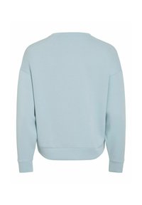 Šviesiai mėlynas ilgas rankovės džemperis su apvalia kaklo iškirpte, giliomis rankovėmis ir šiek tiek išlenktu apatine dalimi, matomas iš nugaros.