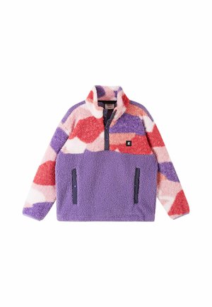 Colorblock-Fleecejacke mit lila unterem Abschnitt, mehrfarbigem roten und pinken oberen Bereich, hohem Kragen, Frontknöpfen und zwei Reißverschlusstaschen.