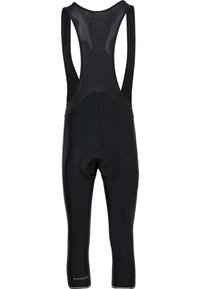 Schwarze Fahrradhosen mit enganliegendem Design, ausgestattet mit einem gepolsterten Sitzbereich, Netzträgern und reflektierenden Akzenten für bessere Sichtbarkeit.