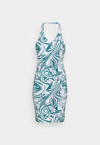 Vestido de alças com uma silhueta ajustada, apresentando um padrão marmoreado em tons de azul-petróleo e branco e um tecido suave e elástico.