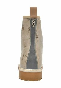 Light beige ankle boot with floral pattern, grey accent strip, and pull tab. Rubber sole; fabric texture with decorative stitching details.