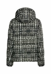 Puffermantel mit schwarzem und weißem Karomuster, ausgestattet mit Kapuze, gestepptem Textil und elastischen Bündchen. Knopfdetails an den Ärmelenden.