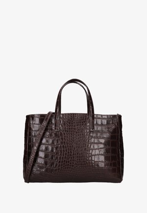 Brown faux leather tote bag with a crocodile skin pattern, dual short handles, and a detachable strap. Rectangular shape with a zip closure.