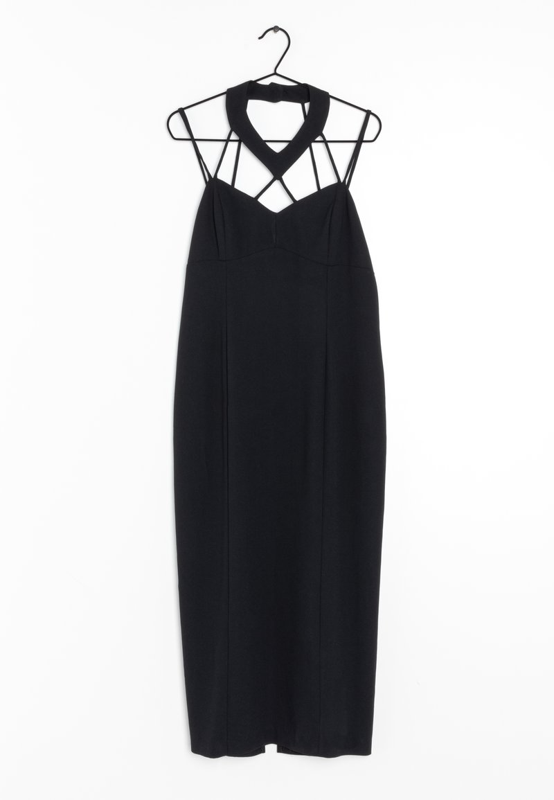 Robe noire à col halter avec un corsage ajusté et des bretelles croisées. Texture lisse, longueur au genou, et coutures minimalistes.