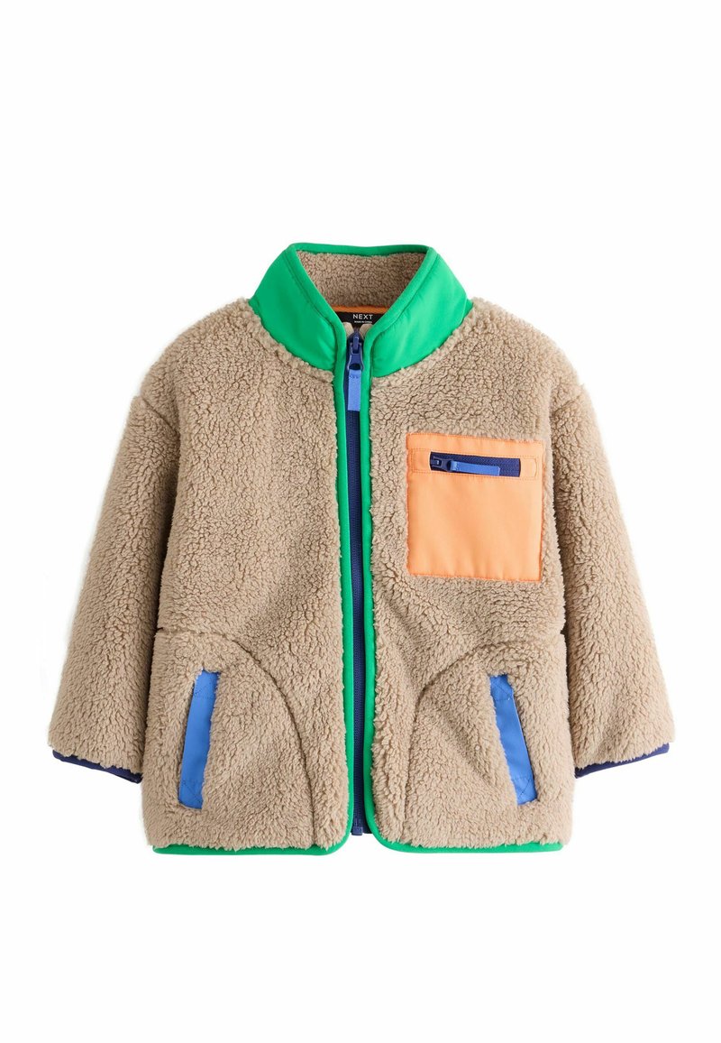 Beige fleece jacket with green collar, blue zip and pocket details, and an orange zippered chest pocket, designed for warmth.