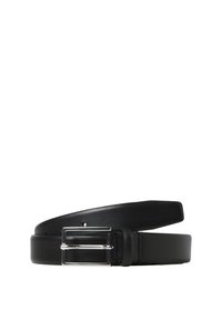 Ceinture en cuir noir avec une boucle en métal argenté. Présente une texture lisse, un design à une ardillon et plusieurs trous de réglage le long de la sangle.