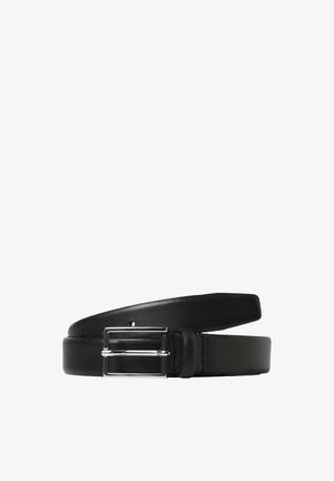 Black leather belt with a silver metal buckle. Features a smooth texture, a single prong design, and multiple adjustment holes along the strap.