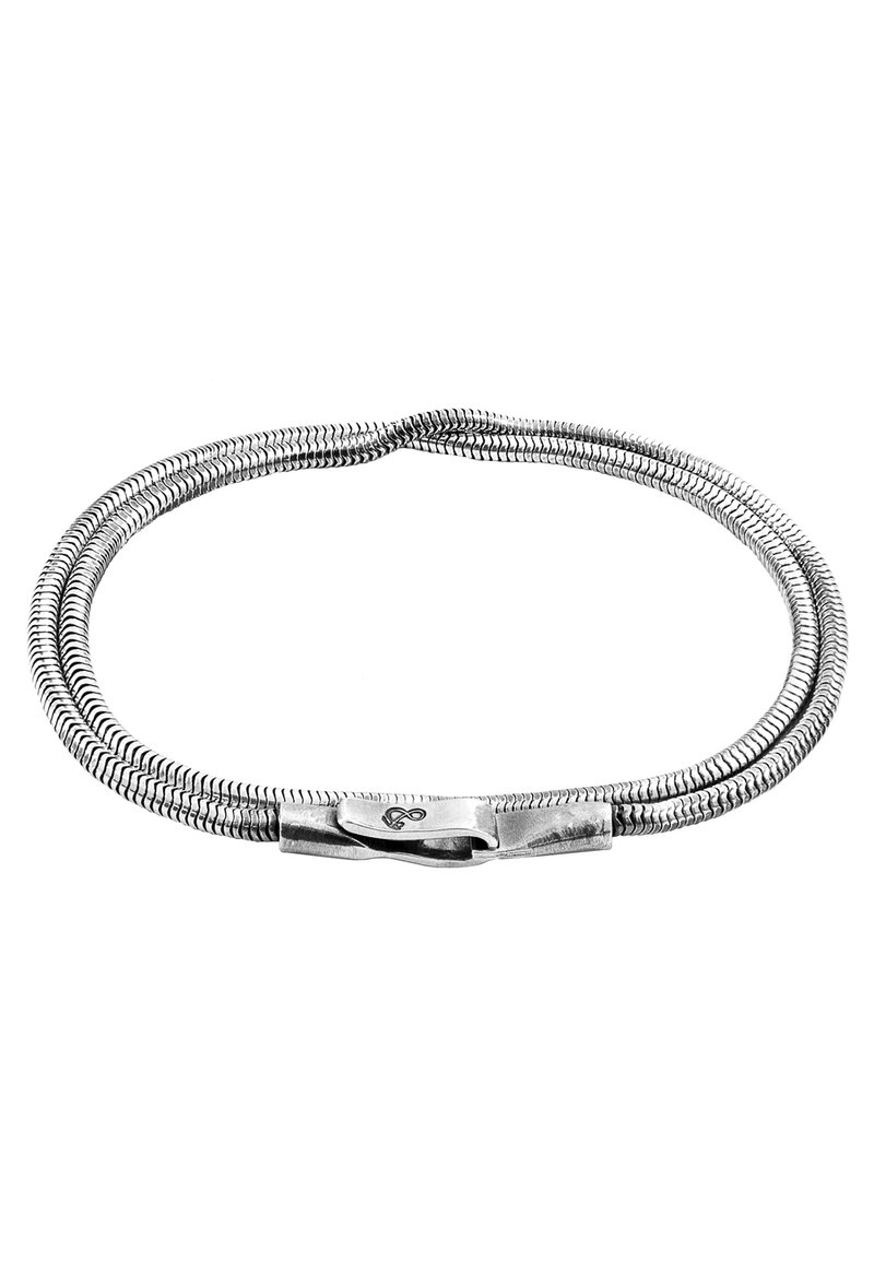 Silver-tone flexible bracelet with a dual-strand woven design and a streamlined clasp, featuring a subtle engraved logo detail.