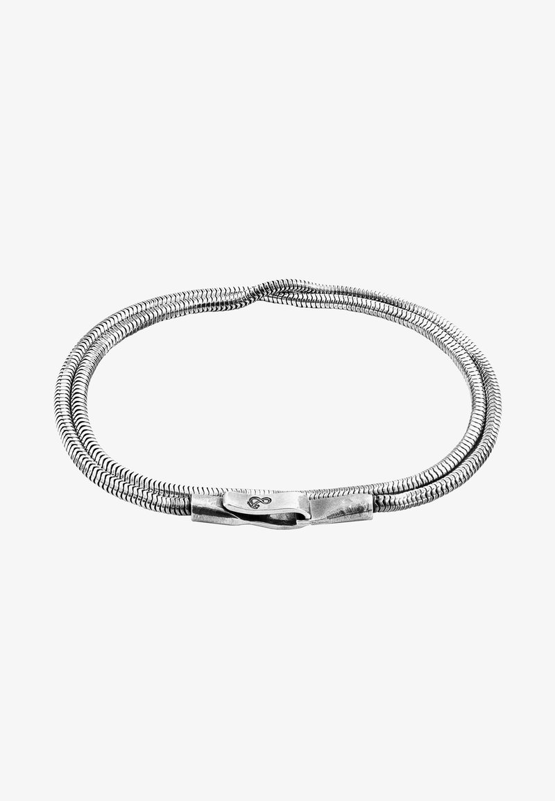 Silver-tone flexible bracelet with a dual-strand woven design and a streamlined clasp, featuring a subtle engraved logo detail.