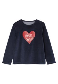 Navy sweatshirt made of soft fabric, featuring a red heart graphic with white handwritten text in the center and long sleeves.