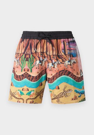 Badeshorts med sort elastisk midjebånd, med fargerike ørkenlandskap, hester, kaktuser og reptiler. Materiale er lettvektstoff.