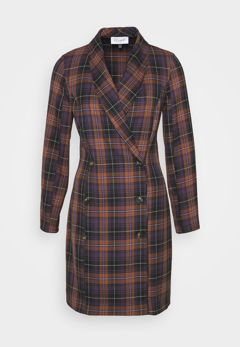 Plaid coat in dark purple, orange, and black, featuring a double-breasted design, notched collar, and long sleeves with button accents.