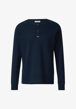 Marineblaues Langarmshirt aus strukturiertem Stoff mit rundem Ausschnitt, zweiknöpfiger Blende und verstärkten Manschetten. Verfügt über dezente Seitendetails.